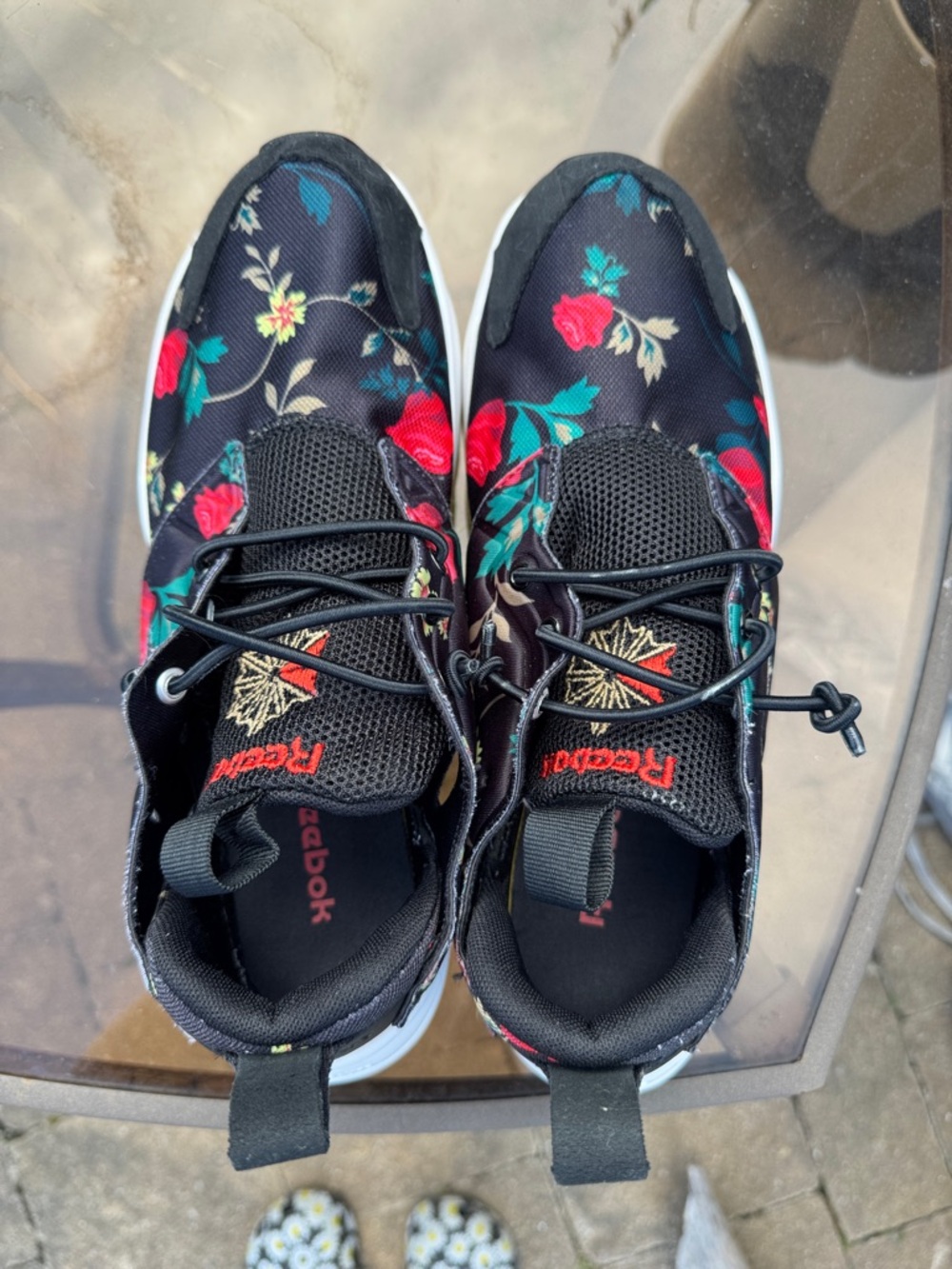 Reebok Black Floral Sneakers with Red & Teal Rose Accents